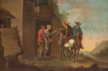 Maler um 1800 &amp;quot;Bauernszene mit rastenden Reitern&amp;quot;, Öl/ Holz, auf Faß monogr.&amp;quot;AK&amp;quot;, 28x39 cm, Rahmen
