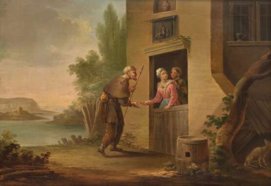 Maler um 1800 "Bauernszene mit Bettelmönch ", Öl/ Holz, auf Faß monogr. "AK", 28x39,5 cm, Rahmen - Foto 1