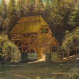 "Angler vor Wassermühle", Öl/ Lw., unsign., an den Rändern knickfaltig, 41x33 cm, Rahmen - Foto 1