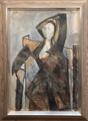 Maler des 20. Jh. "Frau mit Cape", Öl/ Lw., undeutl. sign. u.r. und dat. ´56, im oberen Bereich rep., 93x62 cm, Rahmen - photo 1