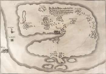 Karte &quot;Insel Poel nahe bei der Stadt Wismar 1675&quot;, Planansicht, Kupferstich aus Merian aus Theatrum Europaeum, leicht vergilbt mit kl. Flecken, 25,5x37 cm, ungerahmt
