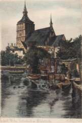 &quot;Rostock-Am Fischerbruch mit Nikolaikirche&quot;, kolorierte Litho., 21x13 cm, hinter Glas und Rahmen