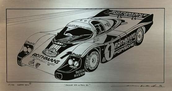 Hentrich, Andreas "Porsche 956 Le Mans 82", Andreas-Zinn-Grafik, Exemplar 68/100, sign., rückseitig Zertifikat, 18x33 cm, hinter Glas und Rahmen - фото 1