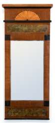 Biedermeier-Spiegel, Mahagoni furniert, intarsiert und ebonisiert, Furnierfehlstellen, Gebrauchspuren, 113x49 cm