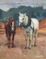 Wolf, Georg (1882 Düsseldorf- 1962 Uelzen) "Zwei Pferde nach getaner Arbeit", Öl/ Lw., oben mittig beschädigt, sign. u.l. und dat. 1913, rückseitig Nachlaßstempel mit WVZ-Nr. 8, 65x80 cm, ungerahmt