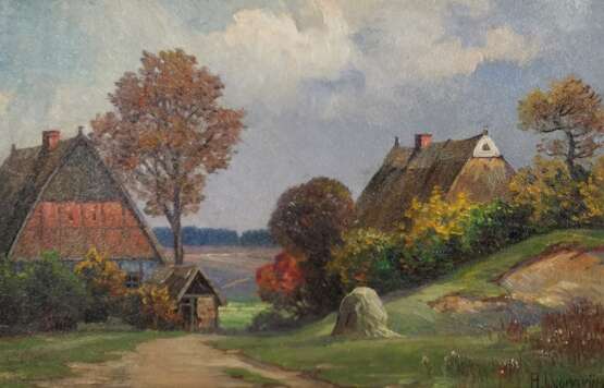 Lyongrün, Arnold (1871 Domnau/Ostpr.-1935 Kühlungsborn) "Landschaft mit Bauerngehöft", Öl/ Lw., sign. u.r., 32x48 cm, Rahmen (Ausbildung in Paris an der Akademie Julian und in Barbizon, Landschaftsmaler in Hamburg, tätig auch im Schwar… - фото 1