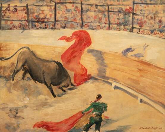 Kohlhoff, Wilhelm (1893 Berlin-1971 Schweinfurt) "Stierkampf in der Arena", Öl/ Platte, sign. u.r. und dat. ´30, verso. WVZ-Nr. 67Ö, 39x46,58 cm, Rahmen (Maler und Grafiker, war einer der zentralen Künstlerpersönlichkeiten in Berlin d… - Foto 1