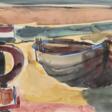 Huth, Willy Robert (1890 Erfurt-1977 Amrum) &quot;Boote am Strand&quot;, Aquarell, sign. u.r., 28x40 cm, im Passepartout hinter Glas und Rahmen - Prix ​​des enchères