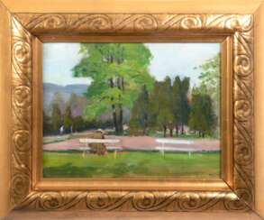 Kelemen, Peter (Ungarischer Maler 20. Jh.) &quot;Parklandschaft mit alten Baumbestand und Personenstaffage&quot;, Öl/ Pappe, um 1930, sign. u.r., 34x44,5 cm, Rahmen