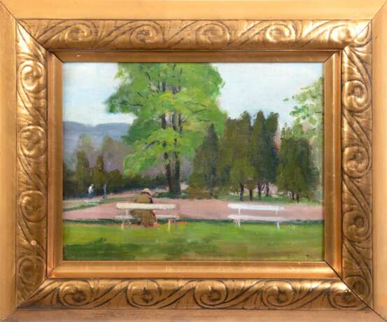 Kelemen, Peter (Ungarischer Maler 20. Jh.) "Parklandschaft mit alten Baumbestand und Personenstaffage", Öl/ Pappe, um 1930, sign. u.r., 34x44,5 cm, Rahmen - фото 1