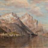 Becker, Rudolf (1856 Hamburg-nach 1891) "Fjord in Norwegen", Öl/Malplatte, sign. u.l. "R. Becker". 28x39 cm, schwerer Holzrahmen aus der Zeit (Er war ein deutscher Landschaftsmaler der Düsseldorfer Schule) - Foto 1