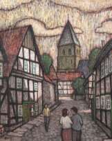 Wein, Aloys (1907 Braunsberg-1998 Bad Sassendorf) "Passanten in der Altstadt von Soest", Öl/ Lw., monogr. "AW" u.l. und dat. ´92, 75x65 cm, Rahmen