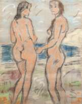 Kother, Paul (1878 Leipzig-1963 Weimar) "Zwei weibliche Akte am Strand", Pastell/ Kreide, unsign., 60,5x45 cm, im Passepartout hinter Glas und Rahmen (Er besuchte von 1894 bis 1896 die Leipziger Kunstakademie und anschließend bis 1898 die …