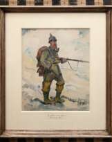 Wolf, Georg (1882 Düsseldorf- 1962 Uelzen) "Trompeter in gelassener Bereitschaft", Aquarell/ Papier, sign. und dat. 1915 u.r., WVZ-Nr. 84, rückseitig Federzeichnung einer Landschaft, 36x28,5 cm, im Passepartout hinter Glas und Rahmen
