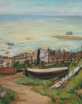 Rusche, Moritz (1888 Zeddenick-1969 Magdeburg) "Küstenlandschaft mit Fischerbooten und Netzen", Öl/ Lw., monogr. u.r., 65x85 cm, Rahmen