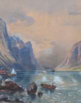 Perlberg, Friedrich (1848 Nürnberg-1921 München) "Norwegischer Fjord", Aquarell, weiß gehöht, sign. u.r. mit Ortsangabe München, betitelt u.l., 44x63,5 cm, im Passepartout (stockfleckig) hinter Glas und Rahmen
