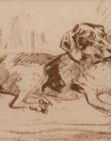 Wolf, Georg (1882 Düsseldorf-1962 Uelzen) "Liegender Hund", Zeichnung, unsign. rückseitig Nachlaßstempel mit WVZ-Nr. 696, 16,5x25 cm, im Passepartout hinter Glas und Rahmen