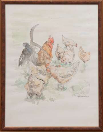 Scheutzlich, Sonja "Hühner", aquarellierte Federzeichnung, sign. u.r. und dat. ´99, 39x29 cm, hinter Glas und Rahmen - photo 1