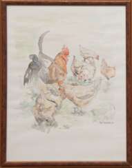 Scheutzlich, Sonja &quot;Hühner&quot;, aquarellierte Federzeichnung, sign. u.r. und dat. ´99, 39x29 cm, hinter Glas und Rahmen