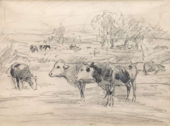 Wolf, Georg (1882 Düsseldorf-1962 Uelzen) "Kühe auf der Weide", Zeichnung, unsign., rückseitig WVZ-Nr. 1400, 20x26,5 cm, im Passepartout hinter Glas und Rahmen - photo 1