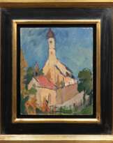 Köhler-Röber, Minna (1883 Reichenbach- 1957 Friesen) "Kirchenansicht", Öl/ Karton, unsign., rückseitig Nachlaßstempel mit WVZ-Nr. 122 und Aufkleber Museum Zitadelle Berlin Spandau, 26,5x22 cm, Rahmen (Einen großen Einfluss für ihren …