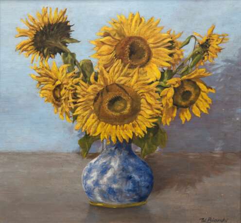 Bianchi, W. (Italienischer Künstler des 20. Jh.) "Sonnenblumen in Keramikvase", Öl/ Holzpanel, sign. u.r., 48x48 cm, Rahmen - photo 1