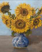 Винченцо Бьянкини. Bianchi, W. (Italienischer Künstler des 20. Jh.) &quot;Sonnenblumen in Keramikvase&quot;, Öl/ Holzpanel, sign. u.r., 48x48 cm, Rahmen