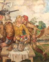 Schubert, Otto (1892 Dresden- 1970 Dresden) "Don Quichotte und Sancho Pansa beim Aufbruch zu ihren Abenteuern", Öl/ Lw., sign. u.r., 75x99 cm, Rahmen (O.Schubert studierte 1906-09 an der Kunstgewerbeschule Dresden und arbeitete von 1909 bi…