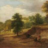 Scorpe, W. "Landschaft mit rastenden Bauern", Öl/ Malkarton, sign. u.l., rückseitig Reste vom alten Aufkleber mit Bezeichnung, 27x39 cm, Prunkrahmen - photo 2