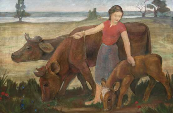 Schrimpf, Georg (1889 München-1938 Berlin) Umkreis "Bäuerin mit ihren Kühen auf der Weide", Öl/ Pappe, unsign., 79x120 cm, Rahmen - Foto 1