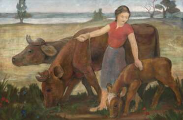 Schrimpf, Georg (1889 München-1938 Berlin) Umkreis &quot;Bäuerin mit ihren Kühen auf der Weide&quot;, Öl/ Pappe, unsign., 79x120 cm, Rahmen