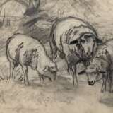 Wolf, Georg (1882 Düsseldorf-1962 Uelzen) "Schafe auf der Weide", Zeichnung, rückseitig WVZ-Nr. 1454, 23x33 cm, im Passepartout hinter Glas und Rahmen - Foto 1