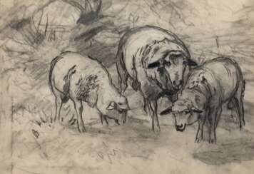 Wolf, Georg (1882 Düsseldorf-1962 Uelzen) &quot;Schafe auf der Weide&quot;, Zeichnung, rückseitig WVZ-Nr. 1454, 23x33 cm, im Passepartout hinter Glas und Rahmen