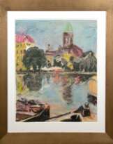Fretwurst-Colberg, Antje (1940 Hamburg) "Blick auf das Märkische Museum in Berlin", Aquarell, oben mittig "Porträt Friedrich Wilhelm Fretwurst", sign. u.r. und dat. ´90, 62x47,5 cm, im Passepartout hinter Glas und Rahmen (Studi…