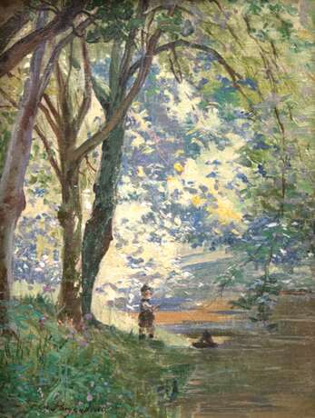 Puigaudeau, Ferdinand du (1864 Nantes-1930 Croisic, Frankreich) "Kind beim Spielen am Ufer unter blühendem Baum", Öl/ Lw., sign. u.l., 32x24,5 cm, Rahmen - фото 2