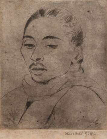 Sittig, Elisabeth (1899 Rödelheim-2001 Barth) "Porträt eines Mongolen", Radierung, handsign. u.r., 17x13 cm, im Passepartout - photo 1