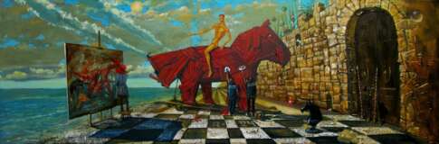 Bathing the red Trojan horse Öl auf Leinwand Surrealismus philosophica Ukraine 2024 - Foto 1