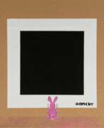 Not Banksy. Not by Banksy by Not Not Banksy. Pink Bunny with Black Square.