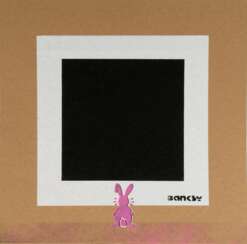 Not by Banksy by Not Not Banksy. Pink Bunny with Black Square.