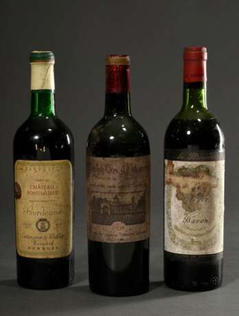 3 Diverse Flaschen Bordeaux: 1x 1953 Chateau Cos d´Estourel, Grand Cru Classe, St. Estephe, 1x 1967 Chateau Fontmuree, Saint Emilion und 1x 1975 La Bergerie, Philippe de Rothschild, Pauillac, Frankreich, 0,75l, Etiketten… - фото 1