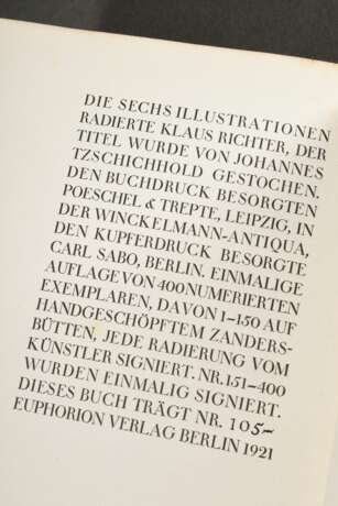 Band "Honoré de Balzac. El Verdugo" 1921, aus dem Französischen neu übertragen von Karl Federn, geprägter Ledereinband, Nr. 105/400, mit 6 sign. Radierungen von Klaus Richter (1887-1948) und gestochenem Titel v… - photo 7