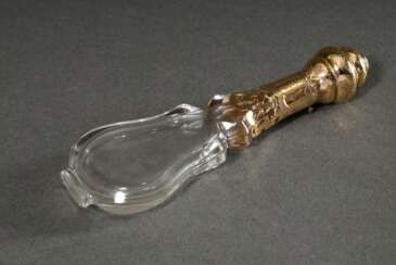 Biedermeier Glas Parfümflakon mit ornamentaler Goldmontierung, H. 11,5cm, Standring bestoßen