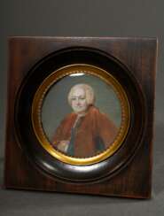 Miniatur in lupenfeiner Malerei &quot;Portrait des Marquis de la Popelinière&quot;, m.r. sign. Honnim (?), 18.Jh., Gouache auf Elfenbein, Ø 8,5cm, (m.R. 13x13cm), Genehmigung nach Art. 10d VO (EG 338/97) liegt vor (kein …