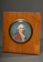 Miniatur in lupenfeiner Malerei &quot;Portrait eines Herrn in rot gestreiftem Rock&quot;, u.r. monogrammiert HA, verso bez.: Laussac de Lalande (?), Ende 18.Jh., Gouache auf Elfenbein, Ø 7cm, (m.R. 11,9x11cm), Riss, Gene…