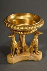 Kleiner Aufsatz mit kannelierter Schale von drei Windhunden getragen, feuervergoldete Bronze auf Marmorsockel, 19.Jh., H. 8.8cm, Ø 8,5cm