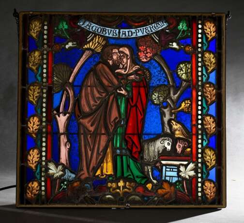 Kirchenfenster Bleiverglasung „Jacob und Rachel“, 19.Jh., mit integrierter Beleuchtung, 67,5x63,5cm - photo 1