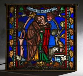 Kirchenfenster Bleiverglasung „Jacob und Rachel“, 19.Jh., mit integrierter Beleuchtung, 67,5x63,5cm