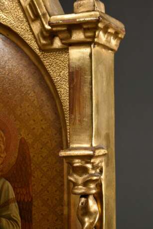 Kleines Andachtsbild „Trompetenengel“, Öl/Metall, in gotisierendem Historismus Rahmen, Holz vergoldet, wohl England um 1860/1880, kleine Defekte - photo 6