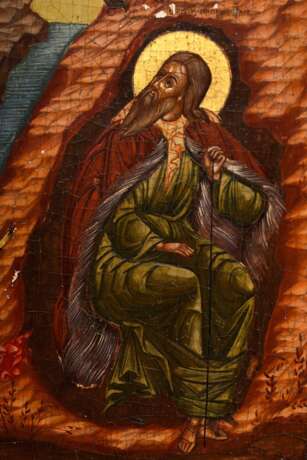 Russische Ikone "Der Prophet Elias" mit umgebenden Szenen aus seinem Leben in der Wüste und seiner feurigen Himmelfahrt, 19.Jh., Eitempera/Kreidegrund/Holz, 30,5x25cm, Altersspuren - photo 5