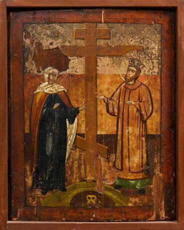 Südrussische Ikone "Konstantin und Helena bei der Auffindung des wahren Kreuzes" 19.Jh., Eitempera/Kreidegrund/Holz, mit Schutzrahmung, 29,7x23,5cm (m.R. 31,7x25,5cm), div. Defekte, 1 Sponki fehlt - Foto 1